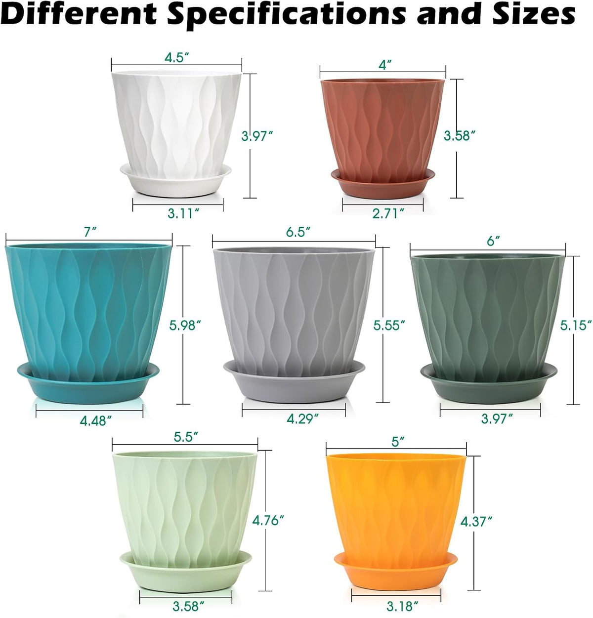 GARDIFE 7/6.5/6/5.5/5/4.5/4 inch Plant Pots, 7 Pack Flower Pots Indoor Outdoor, Planters with Drainage Holes and Tray Saucers (Color-Green)
