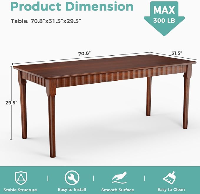 70.8 Inch Solid Wood Dining Table for 6-8, Farmhouse Table with Smooth Surface, Large Rectangular Kitchen Dinner Table for Restaurant, Living Room, Kitchen, Easy Assembly, Walnut