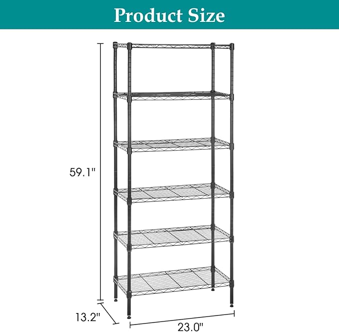 PayLessHere 6-Shelf Adjustable Standing Shelf Storage Shelf Wire Shelving Unit Metal Shelves Unit Shelving 13" W X 23D X 59 "H,Black