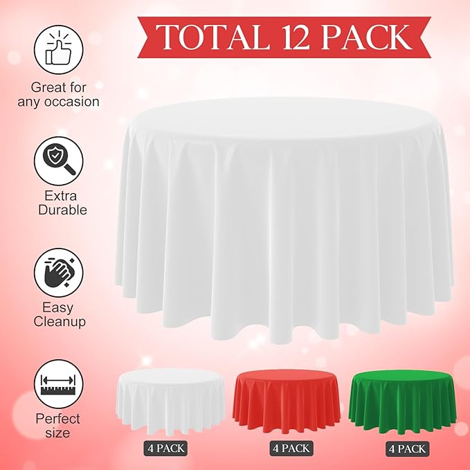 12 Pack Christmas Round Disposable Tablecloth, Red White Green Circle Plastic Tablecloth Bulk, Italy Theme Table Covers for Christmas Family Gathering Dining Banquet Italian Party Decoration,84inch