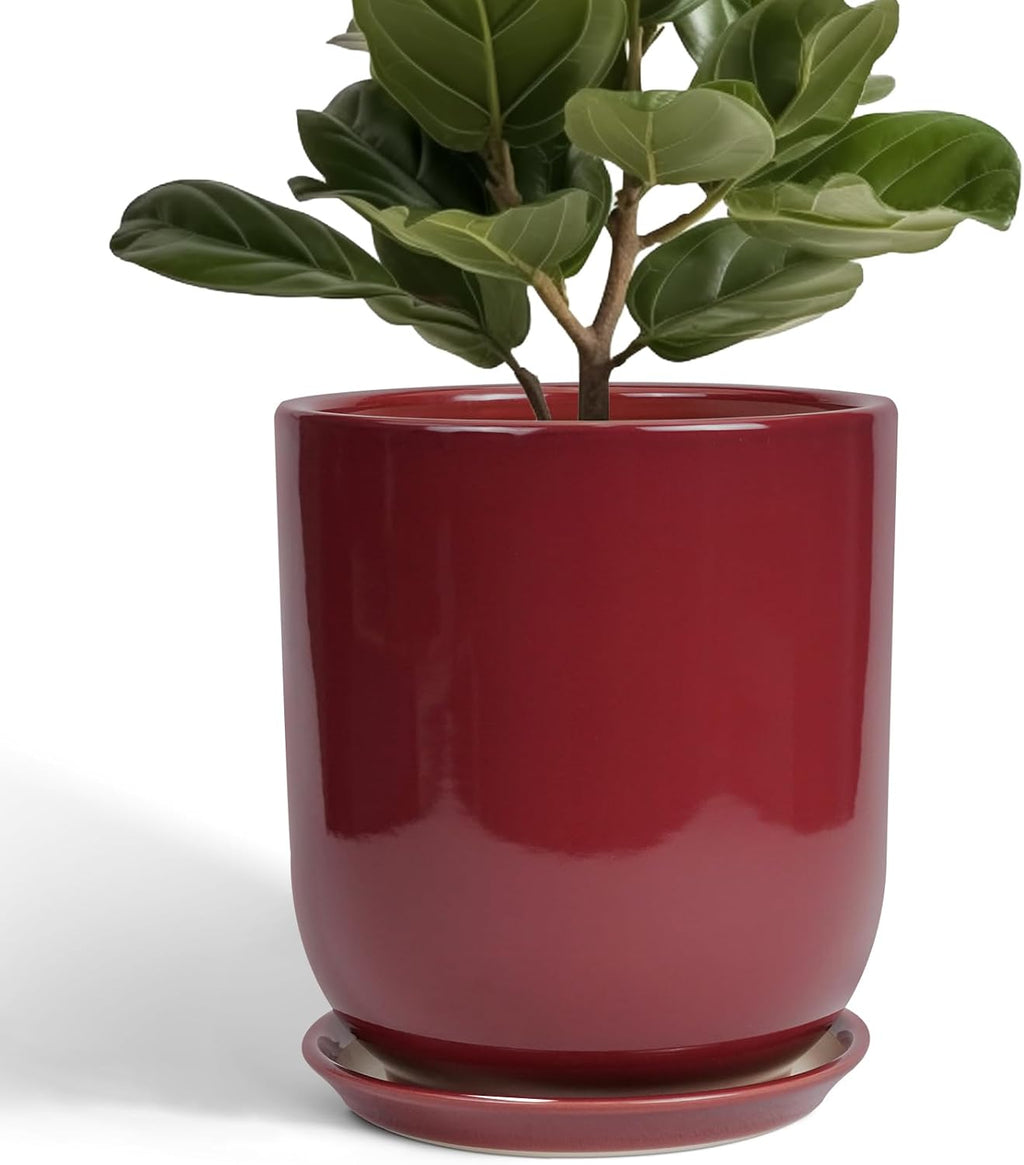 Ceramic Planter for Plants - 10 Inch Plant Pot Indoor with Drainage Hole and Saucer Modern Large Outdoor Planter Flower Pot for Home Decor Red