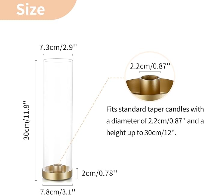 NUPTIO Gold Taper Candle Holders: 2 Pcs Hurricane Metal Candlestick Holder Stand with 11.81 inch Tall Clear Glass Open Ended Cylinder Covers for Tapered Candles Wedding Party Centerpieces for Tables