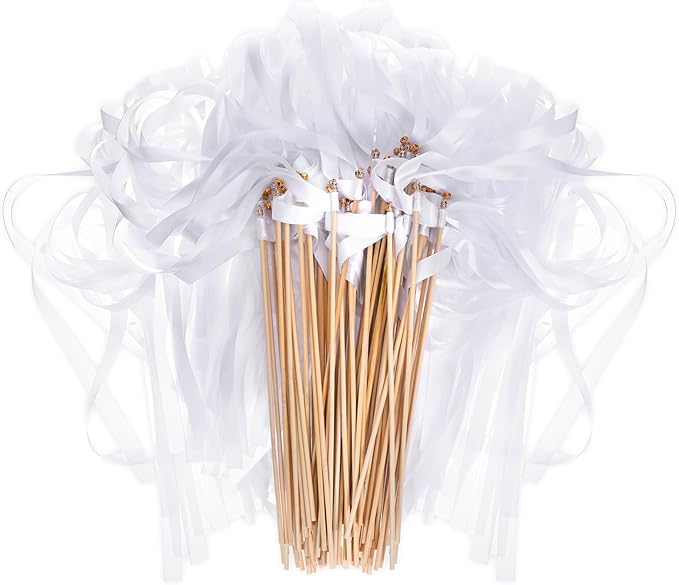 100 Pcs White Lace Ribbon Wedding Wands, Wedding Send Off Ribbon Streamers Party Streamer with Bells Silk Streamers for Party, Holiday, Bridal Shower, Anniversary Activities