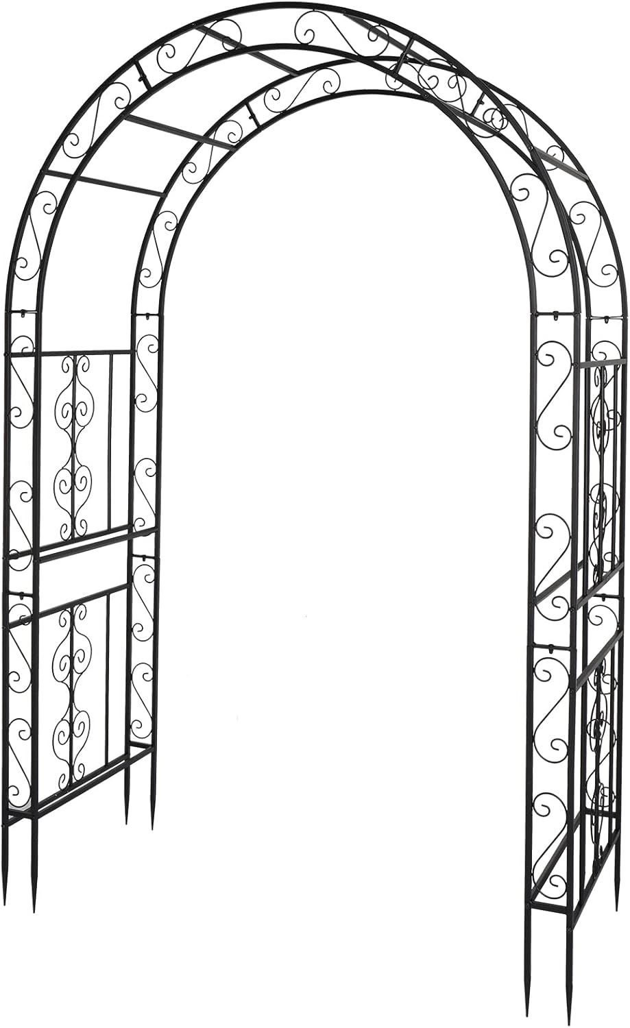 Outvita 7FT Garden Arch Arbor, Heavy Duty Metal Arbour Archway, Decorative Frame Stand Trellis with 7 Inch Ground Stakes for Wedding Ceremony Party Plant Climbing Rose Vines Lawn Courtyard Patio Black