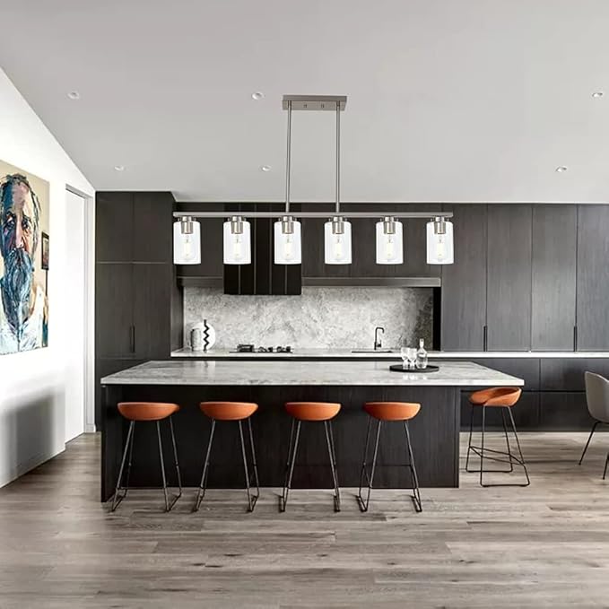 6-Light Kitchen Island Lighting with Clear Glass Shades, Modern Linear Pendant Light Fixture for Dining Room Pool Table, Brushed Nickel Finish