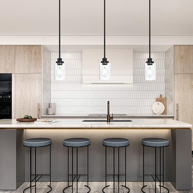 Black Industrial Pendant Light Fixtures, Kitchen Hanging Lighting with Clear Glass Cylinder Shade for Farmhouse Dining Room Coffee Bar Bedroom