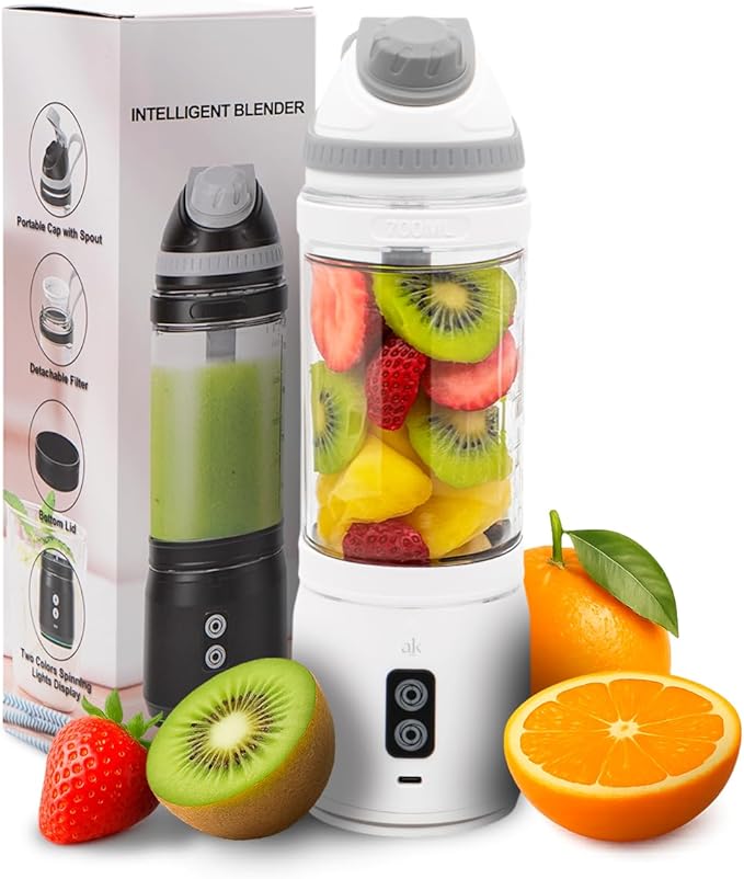 Rechargeable Smoothie Blender 700ml – Portable Mini Travel Blender for Shakes and Smoothies with Six Stainless Steel Blades and USB Charging (White and Gray)