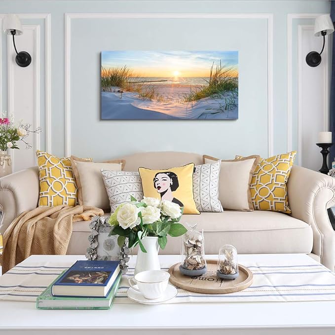Canvas Wall Art For Living Room Super Large Size Wall Decor For Office Canvas Art Framed Pictures Artwork Blue Sun Beach Grass Ocean Landscape Paintings Bedroom Decor Seascape Draw Home Decorations