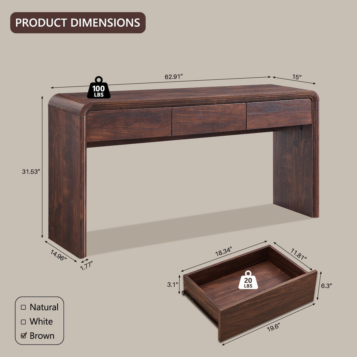 63" Console Table with 3 Drawers, Wood Entryway Table with Storage, Brown | Modern Behind Couch Table with Curved Profile Design, Narrow Long Sofa Table Behind Couch for Living Room, Hallway, Foyer