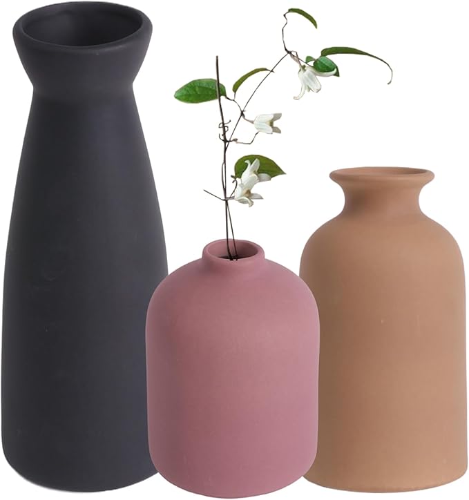 Ceramic Vase Set of 3, Rustic Modern Brown Vases for Bouquet, Fresh or Dried Plants, Home Decor-Modern Decorative Ceramic Flowers Vase for Rustic Home Decor (Black-Pink)