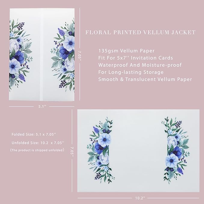 PONATIA 50 PCS Vellum Jackets for 5x7 Invitation Cards - 135GSM Royal Blue Flowers Vellum Sleeves, Transparent Gift Card Jackets