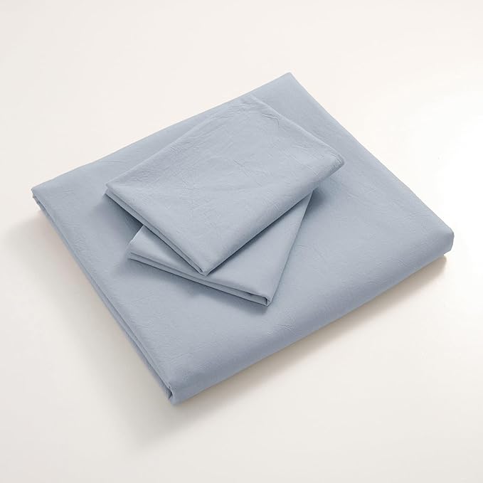 JIYUAN 100% Washed Cotton Duvet Cover Set 3 Pieces Queen, 1 Duvet Cover 90x90 Inches(Comforter Not Included) and 2 Pillowcases,Linen Feel Bedding Set Comfy and Breathable, Heathered Light Blue