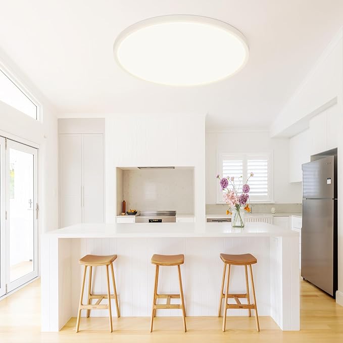16'' Dimmable LED Ceiling Light Fixture, Ultra Thin Flush Mount, 28W 2800Lumen, 3 Color Changeable, Round, White, for Dining Room, Kitchen, Bedroom, Office, Hotel