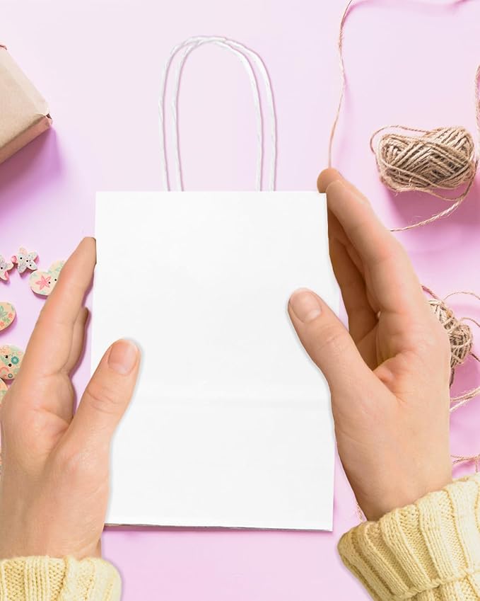 Bakepacker 100 Pcs White Mini Paper Gift Bags with Handles 6"x4.5"x2.5" Party Favor Bags Multiple Uses (Mini size)