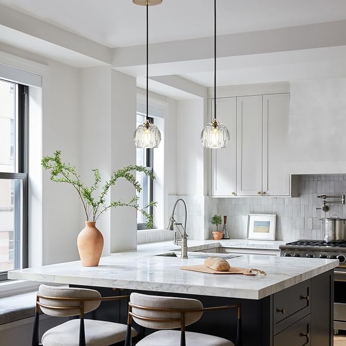 Modern Pendant Light, Brushed Brass Pendant Light Fixture for Kitchen Island, Small Cut Crystal Single Pendant Lighting for Dining Room Bathroom