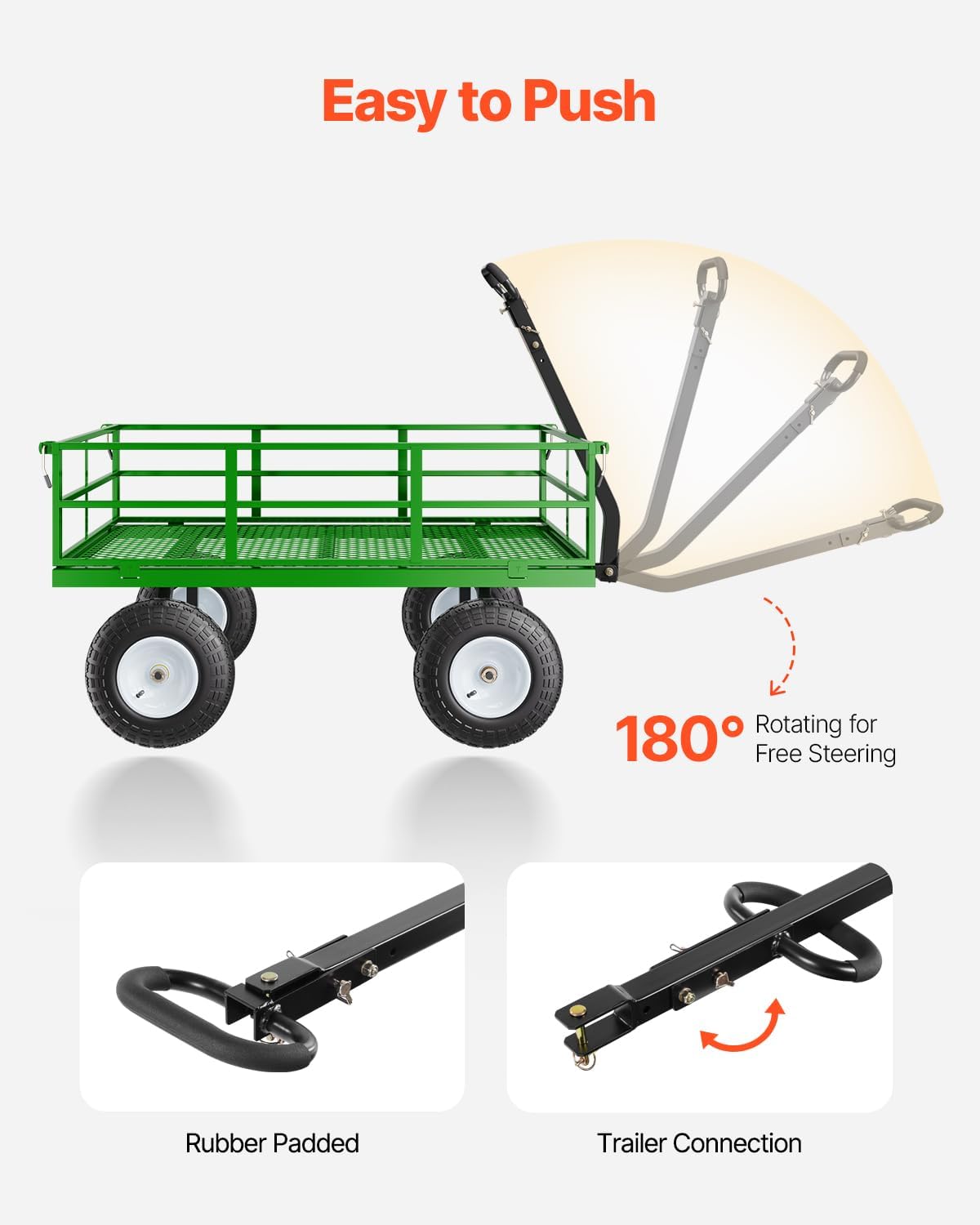 VEVOR 1200 Lbs Steel Garden Cart, Heavy Duty Pullable Garden Wagon Yard Cart, 2 in 1 Outdoor Metal Utility Wagon Yard Trailer with 13" All Terrain Tires, Mesh Removable Sides and 180°Rotating Handle
