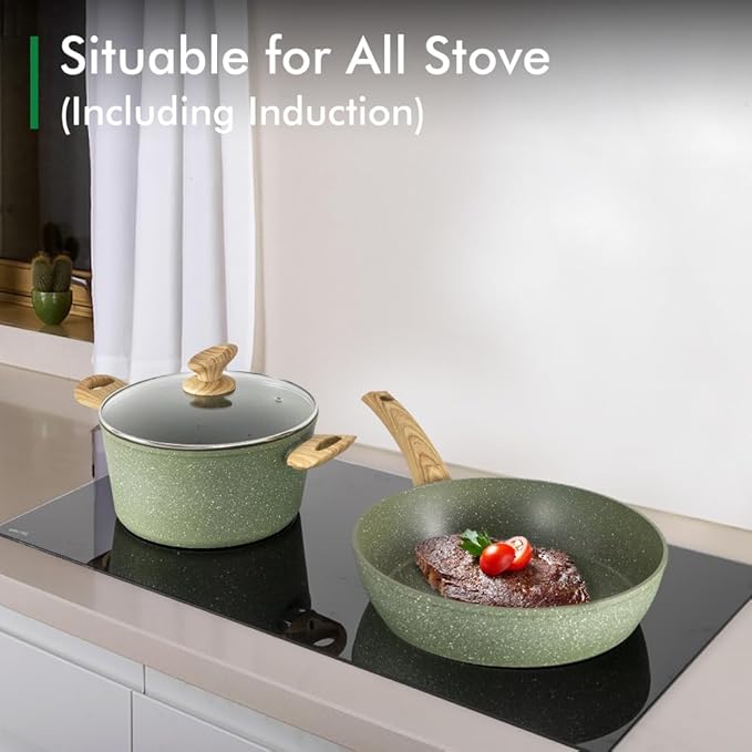DishDelight Induction Pots and Pans Set Non Stick, 12 Piece Nonstick Induction Granite Kitchen Cookware Sets, Induction Cookware Frying Pans and Saucepan Set, Nonstick Granite Cooking Set, Green