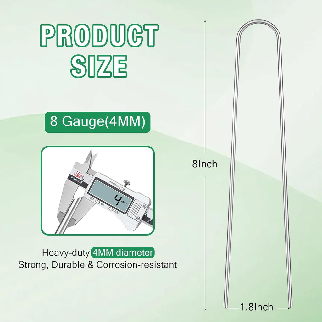 8 Gauge Landscape Staples, FUIJOL 8 Inch Heavy Duty U-Shaped Landscape Stakes, 100 Pack Galvanized Garden Staples for Weed Barrier Stakes, Ground Cover, Irrigation Tubing, Fence (100)