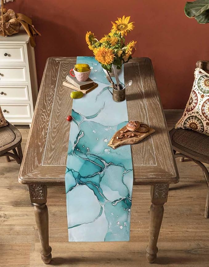 Turquoise Marble Cotton Linen Table Runner for Dining Kitchen, Wedding Outdoor Party Tablerunners Decoration, Nature Marble Crack Country Retro Dresser Scarf Coffee Tablecloth Runners 13x60 Inches