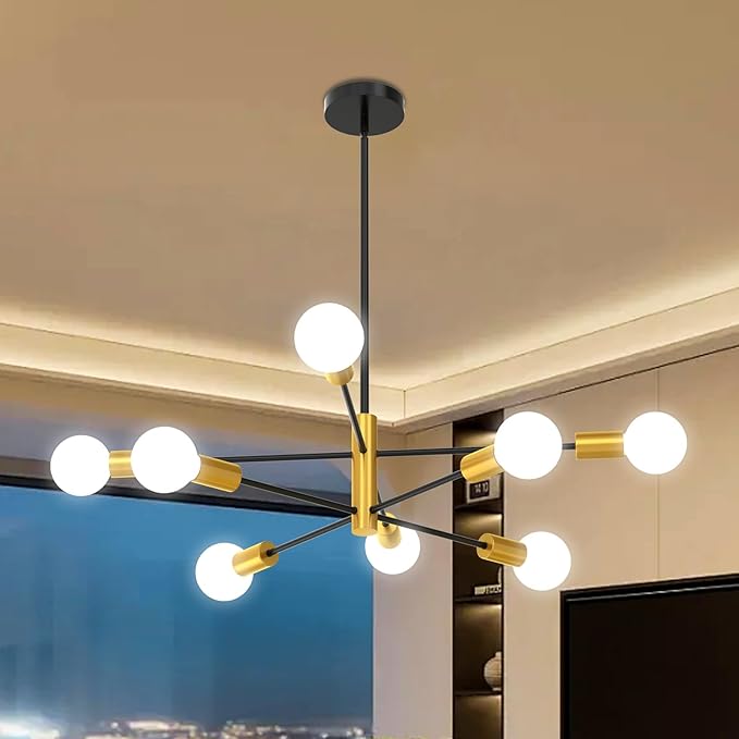 Sputnik Ceiling Light Fixture Chandelier, 8-Light Dining Room Light Over Table Height Adjustable Mid Century Hanging Light Fixture E26 Pendant for Bedroom Kitchen Livingroom 53InchH Gold+Black