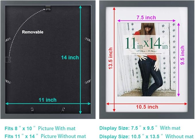 RPJC 11x14 inch Picture Frame Made of Solid Wood and High Definition Glass Display Pictures 8x10 with Mat or 11x14 Without Mat for Wall Mounting Photo Frame Grey