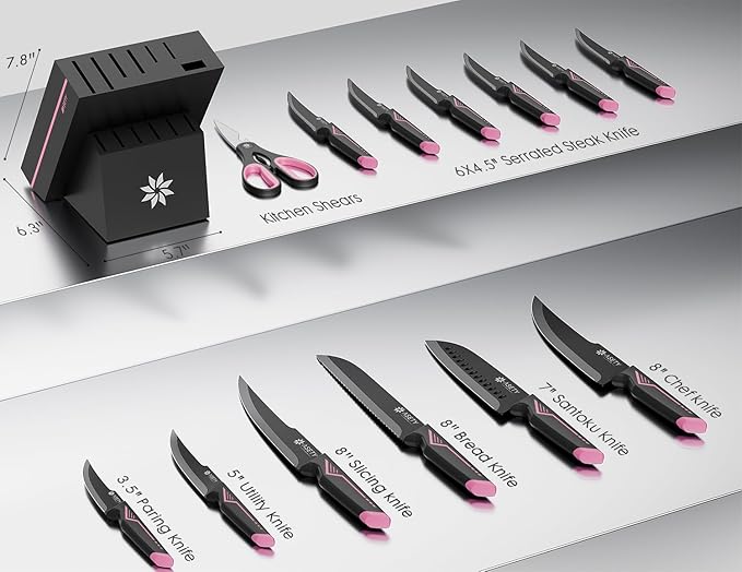 Knife Set - 15 PCS Kitchen Knife Set with Built-in Knife Sharpener Block - Stainless Steel Knife Block Set - Dishwasher Safe, Elegant Box for Men Women, Pink