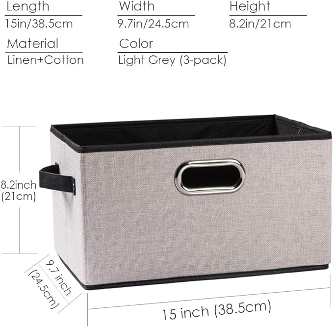 PRANDOM Large Fodable Storage Bins for Closet [3-Pack] Decorative Linen Fabric Storage Bins Cubes with Leather/Metal Handles for Shelves Bedroom Living Room Light Grey (14.9x9.8x8.3 Inch)
