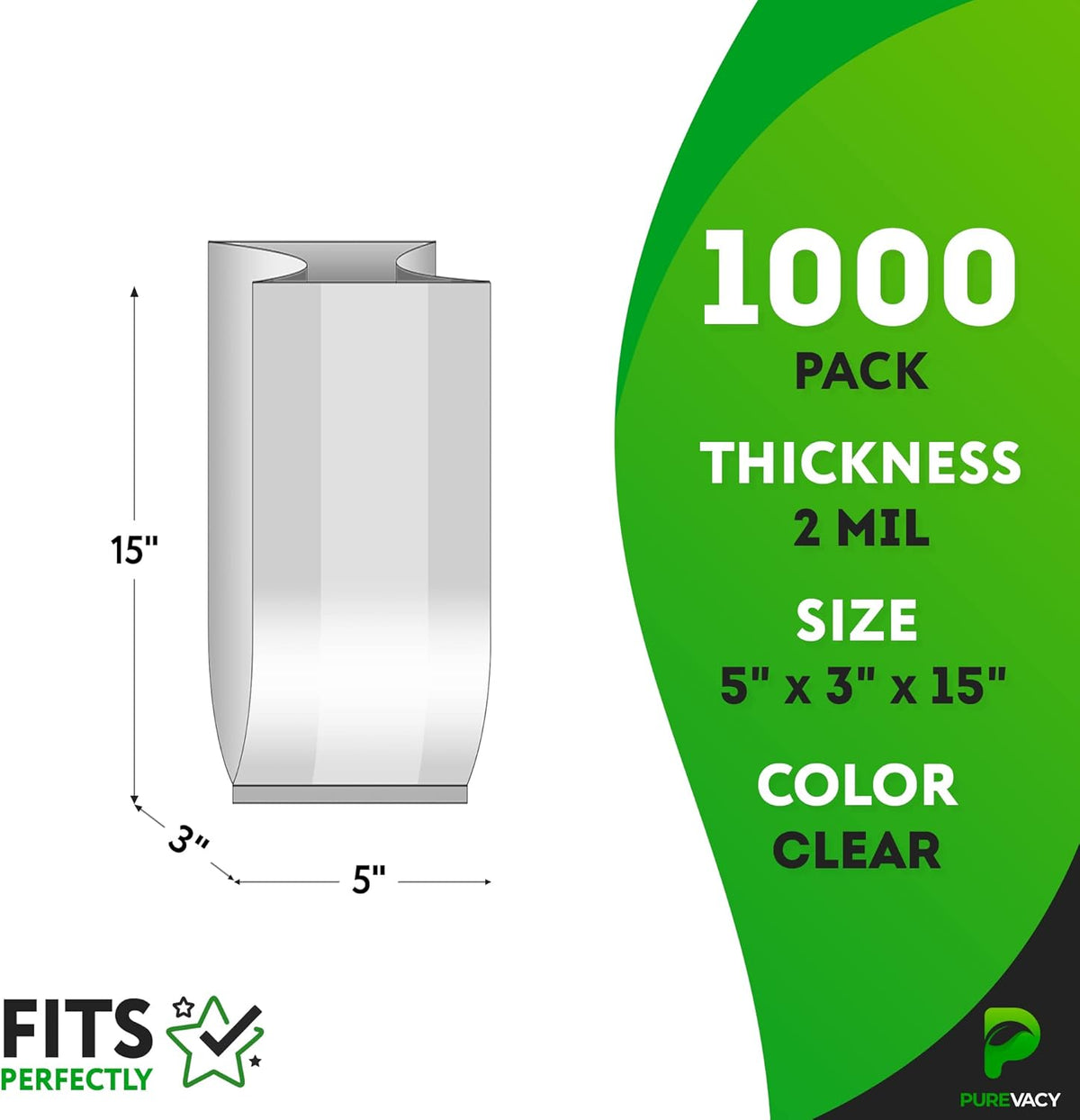 Gusseted Plastic Bags, 5 x 3 x 15 Inches. Pack of 1000 Clear Gusseted Poly Bags. 2 Mil Polyethylene Flat Bottom Bag with Side Gusset. Plastic Bread Bag. Clear Baggies for Treats