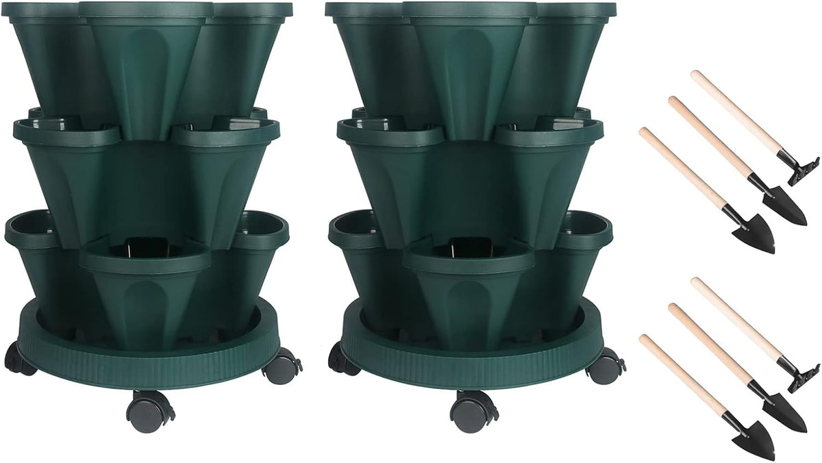 Vertical Planter 3 Tier Stackable Planters Garden Planters Strawberry Herb Flower and Vegetable Planter Indoor Outdoor Gardening Pots with Removable Wheels and Tools 2-Pack