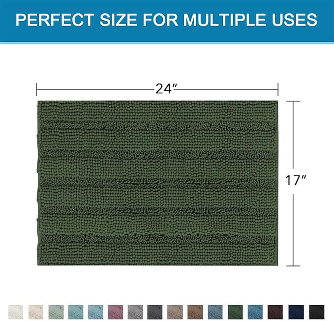 H.VERSAILTEX Bathroom Rugs Bath Rugs for Bathroom Non Slip Bath Mats Extra Thick Chenille Striped Rug 17" x 24" Absorbent Soft Shaggy Washable Dry Fast Bath Mats for Bath Room Floor - Bronze Green