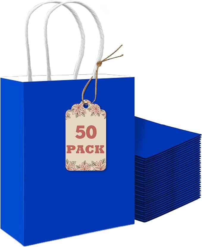 qiqee 50-Packs Gift Bag with Handles Bulk Diamond Blue Paper Bags Multiple Uses (8.3"x3"x6" Small Size)