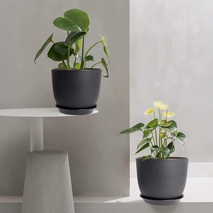 12/10/9 Large Modern Plant Pots, Plastic Planters with Drainage Holes and Saucers for Indoor Outdoor Plants Flowers, Black