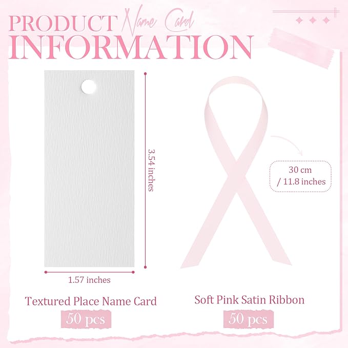 50 Pcs Name Place Cards for Table Setting Blank Wedding Place Cards with Satin Ribbon 1.57 x 3.54 Inch Hanging Gift Tags for Wedding Dinner Banquet Party Table Setting Supplies(Pink)