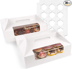 White Cupcake Boxes 12 Count, 30 Pcs Cupcake Containers with Handle, Window, and Inserts – Holds 360 Standard Cupcakes, Food-Grade Gable Boxes for Muffins, Cakes, and Party Desserts