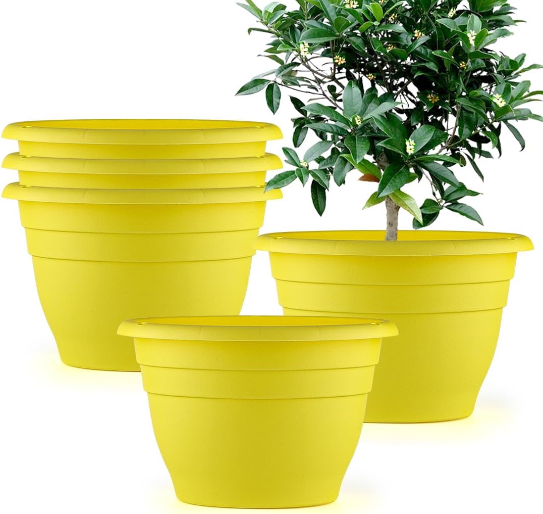 Plant Pot Set of 5, 10" Outside Diameter Flower Pots, 8.5" Inner Diameter Plant Planters with Drainage Hole, Durable Garden Pots Perfect for Indoor & Outdoor Plant Planting, Decor, Yellow