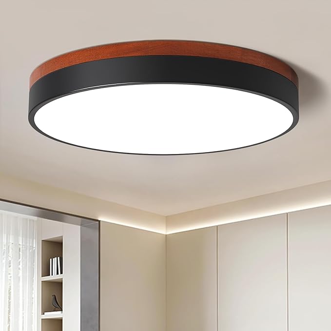 LED Dimmable Flush Mount Ceiling Light, Black and Wood, 5CCT in One, Minimalist Round Ceiling Lamp for Kitchen, Bedroom, Hallway, Living Room, 15.7 Inch