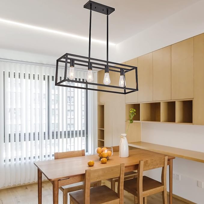 Farmhouse Rectangle Chandeliers for Dining Rooms, Modern Linear Hanging Light Fixture Matte Black 4-Light Industrial Pendant Lighting for Kitchen Island
