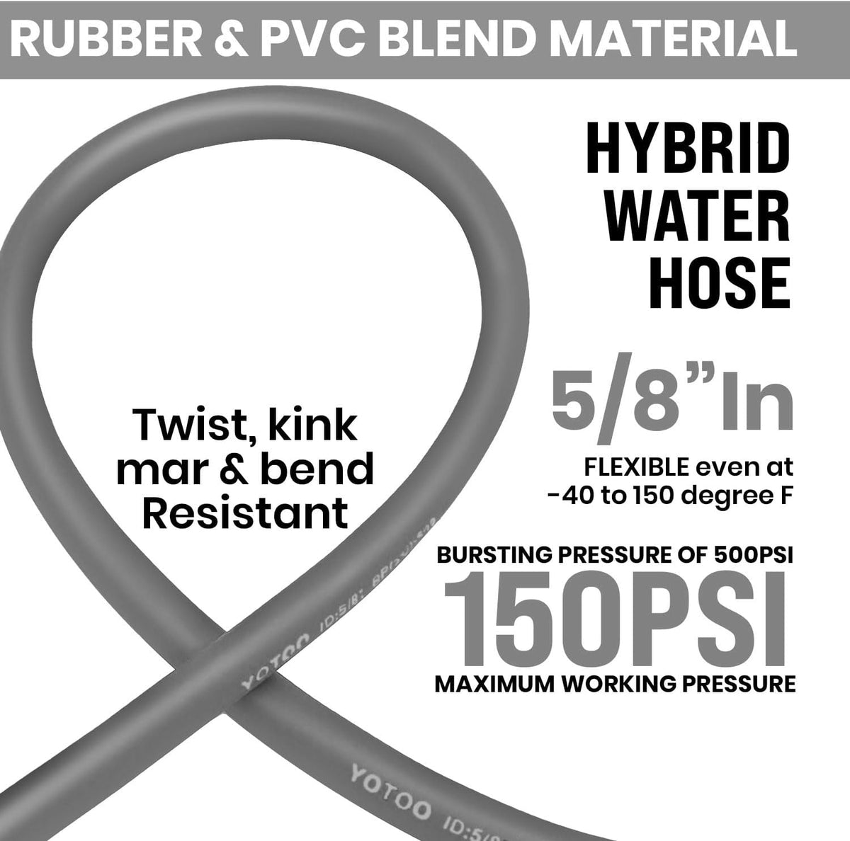 YOTOO Heavy Duty Hybrid Garden Lead in Water Hose 5/8-Inch by 5-Feet 150 PSI, Kink Resistant, All-Weather Flexible with Swivel Grip Handle and 3/4" GHT Solid Brass Fittings, Gray