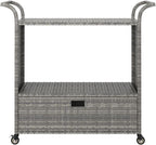 Outdoor Rolling Wicker Bar Cart with Drawer, Portable Bar Cart with Wheels, Patio Kitchen Island Cart for Pool Deck Backyard, Gray 39.4"x17.7"x38.2" Poly Rattan -461