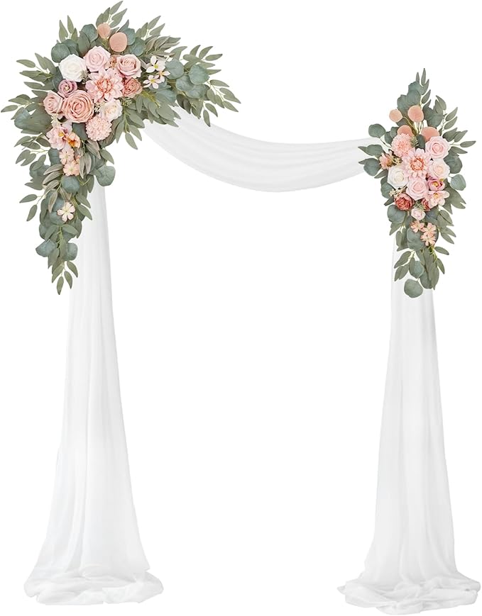Artificial Wedding Arch Flowers Kit(Pack of 3),2Pcs Artificial Flower Arch Decor,1Pcs Sheer Drape for Wedding Ceremony Arbor for WeddingCeremony (Romantic Pink)