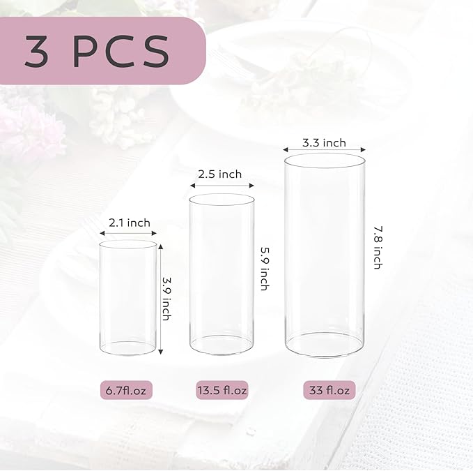 3pcs Glass Vases for Flowers, 4,6,8 Inch Tall Cylinder Vases, Bud Vase and Floating Candle Holder Vase for Wedding & Holiday Centerpieces for Tables, Home Decor, Housewarming Gift