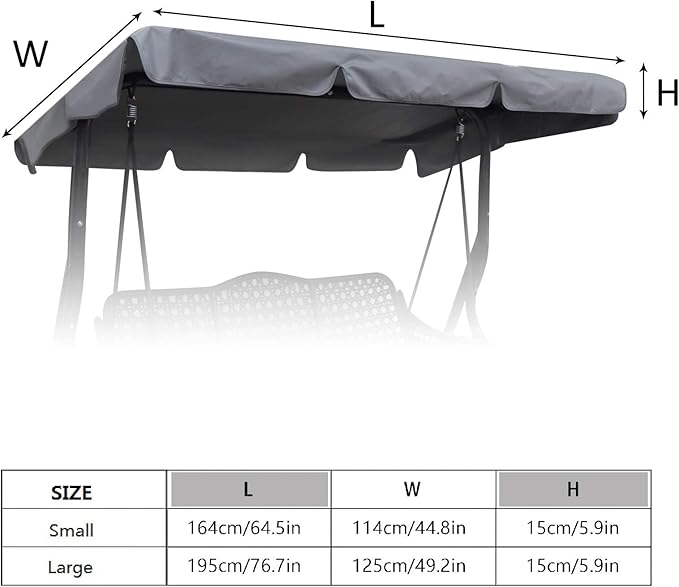 Outdoor Patio Swing Chair Canopy Replacement, 3 Seater Porch Swing Seat Canopy Cover, Waterproof Windproof Anti-UV Heavy Duty Rip Proof Garden Hammock Top Cover, Garden Furniture Covers (Grey, Large)