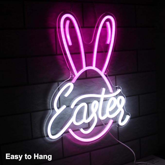 Easter Bunny Egg Neon Sign Pink Rabbit Ears Neon Light Easter Day LED Neon Signs for Wall Neon Lights Signs for Bedroom Bar Party Decor Kid Gift