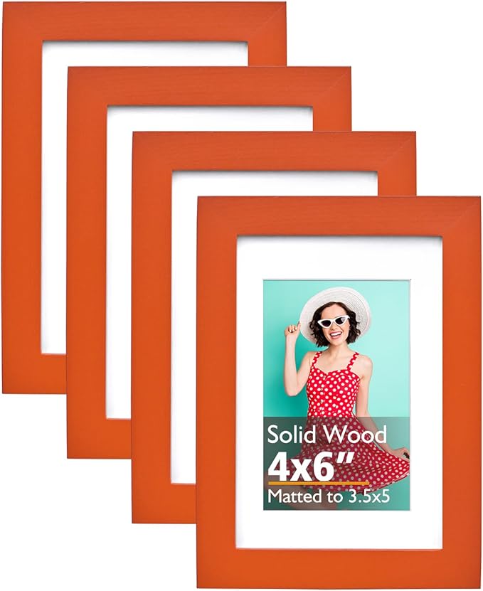 KINLINK 4x6 Picture Frames Orange, Solid Wood Frames with Acrylic Plexiglass for 3.5x5 with Mat or 4x6 without Mat, Tabletop and Wall Display Photo Frame, Set of 4