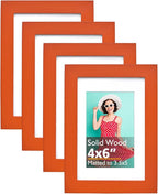 KINLINK 4x6 Picture Frames Orange, Solid Wood Frames with Acrylic Plexiglass for 3.5x5 with Mat or 4x6 without Mat, Tabletop and Wall Display Photo Frame, Set of 4