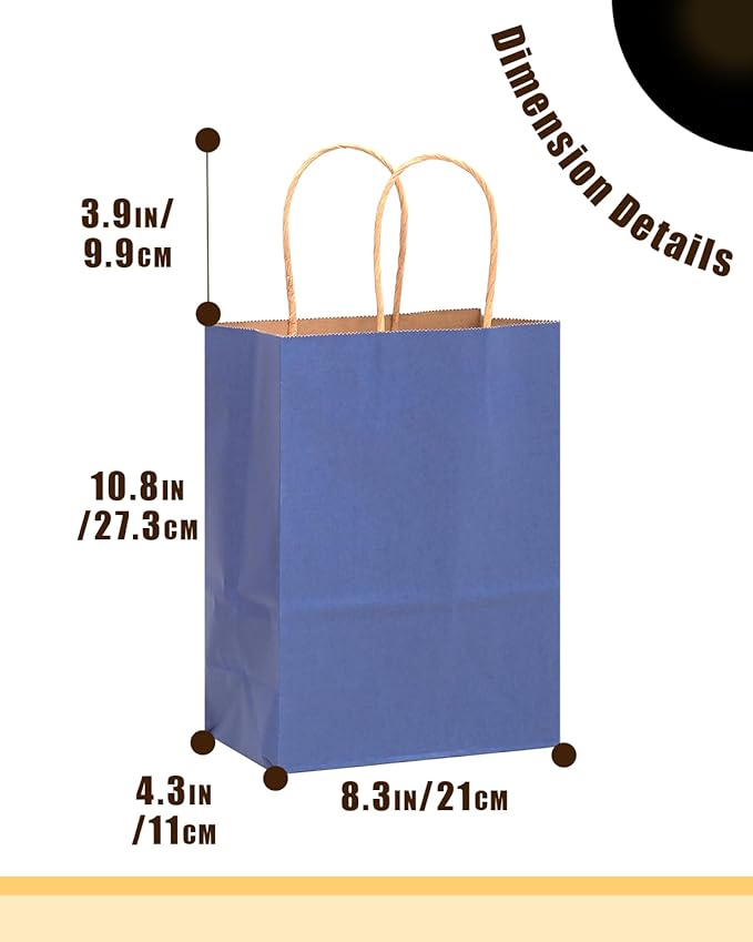 qiqee 50-Packs Kraft Deep Blue Paper Gift Bags with Handles Bulk 11"x8.3"x4.3" Medium Size Paper Bags Multiple Uses