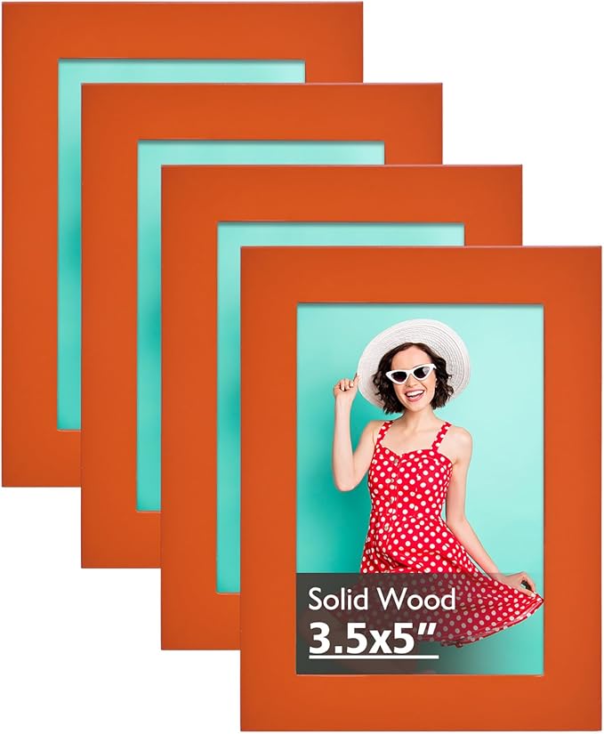 KINLINK 3.5x5 Picture Frames Orange, Solid Wood Frames with Plexiglass for Table Top and Wall Mounting, Photo Frames for Horizontal or Vertical Display, 4 Pack