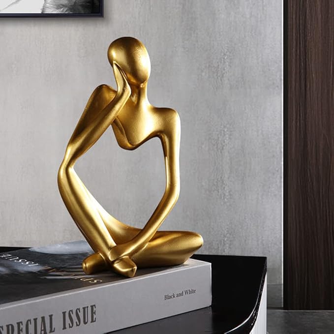 BOPART Gold Thinker Statue Home Decor, Resin Abstract Thinker Sculpture Figurines Shelf Decor Accents for Living Room, Office, Bookshelf, Desktop