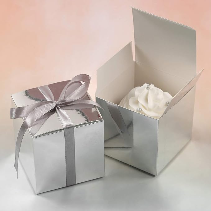 COTOPHER 60pcs Wedding Favor Boxes, Paper Gift Boxes 3x3x3 Inches Small Gift Boxes with Ribbons Small Boxes for Gifts, Crafting, Cupcake, Candy, Bridesmaid Proposal Boxes (Metallic Silver)