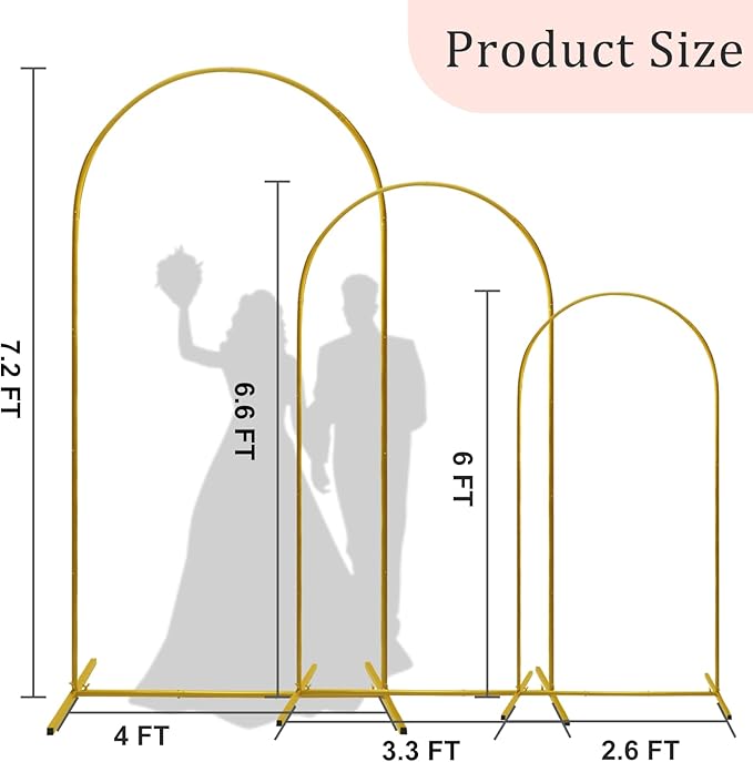 U+U Arch Backdrop Stand Set of 3, Gold Arch Stand for Wedding Birthday Party Bridal Baby Shower Balloon Arch Decoration (7.2FT, 6.6FT, 6FT)